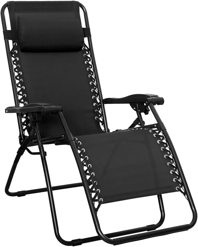 Amazon Basics Outdoor Patio Zero Gravity Lounge Chair with Pillow, Folding Reclining and Textilene Adjustable, Folding Lounge Lawn Chairs for Outside, 26", Black