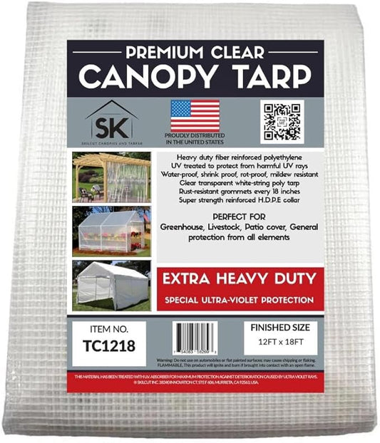 16 Mil Clear Poly Heavy Duty Tarp with Fiber Reinforcement - True Size Tarps with UV Protection, Tear Resistance, Flexibility, Reinforced Corners 12x18