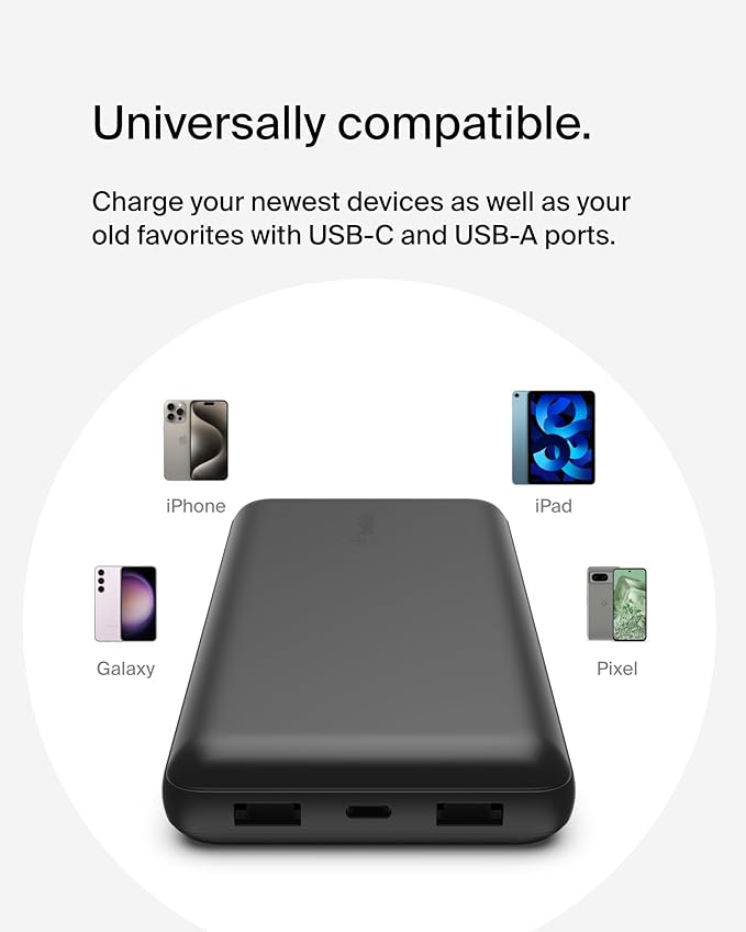 Belkin Portable Charger, USB-C Power Bank 20000 mAh w/ 2 USB-A Ports, 15W w/ Type-A to Type-C Cable for iPhone 17, Air, Pro, Pro Max, Samsung Galaxy S25, Google Pixel 10, etc. - Black