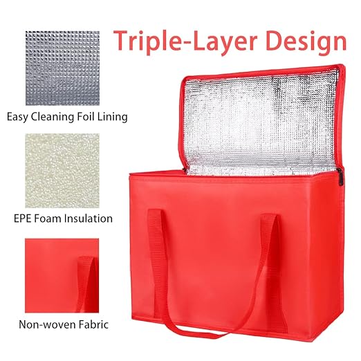 Bodaon 5-Pack Cooler Insulated Food Delivery Bag, X-Large With Top Zippered Bags for Grocery、DoorDash、Catering、Shopping，Thermal Hot Pizza, Large Cold and Frozen Door Dash Accessories, XL Tote, Red