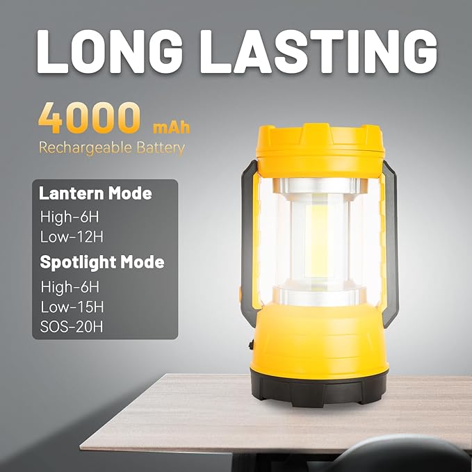 LED Camping Lantern Rechargeable, Spotlight Flashlight with Solar Panel, Bright 1000 Lumen, 5 Modes, 20H Long Lasting 4000 mAh , Rechargeable Lantern for Hurricane, Emergency, Power Outages - Yellow