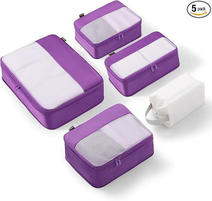 5 Set Compression Packing Cubes for Travel, Space Saving Luggage Organizer Bags (Bright Purple)
