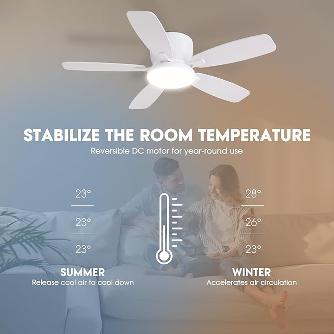 Ceiling Fans with Lights, 44" Low Profile Ceiling Fan with Light Remote Control, 6 Speed 35dB Ultra Quiet Smart Ceiling Fan with Reversible DC Motor, Dimmable 3CCT LED for Bedroom/Living Room (White)
