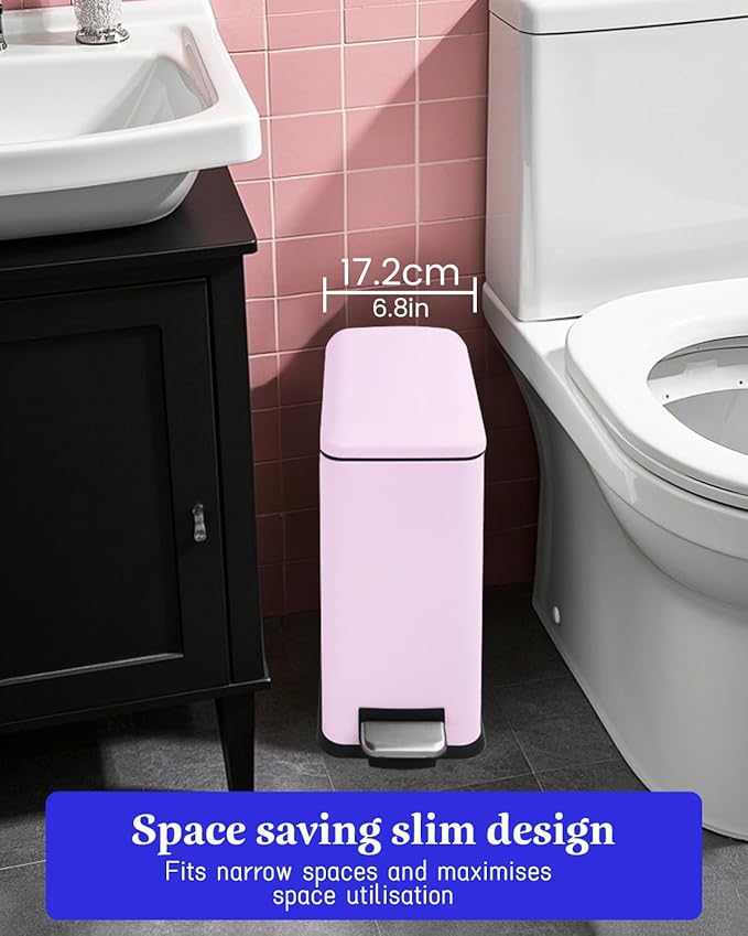 Bathroom Trash Can with Lid, 2.6 Gallon Stainless Steel Slim Garbage Can, Pedal Trash Bin with Removable Liner Bucket, 10L Rectangle Trash Bin for Bedroom, Kitchen, Office (Pink)