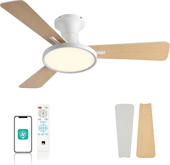 Orison Ceiling Fans with Lights, 42 inch Low Profile Ceiling Fan with Light and Remote Control, White Bedroom Ceiling Fans with Light,3CCT,Reversible,Dimmable,Noiseless,Indoor/Outdoor Use