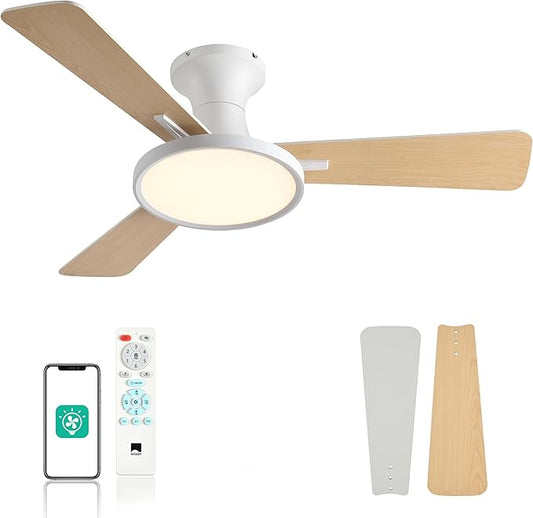 Orison Ceiling Fans with Lights, 42 inch Low Profile Ceiling Fan with Light and Remote Control, White Bedroom Ceiling Fans with Light,3CCT,Reversible,Dimmable,Noiseless,Indoor/Outdoor Use