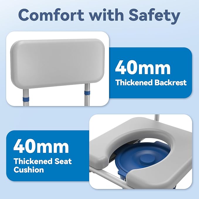 Drop Arm Bedside Commode, Commode with Padded Seat and Backrest, 500lbs Capacity, 5.81QT Removable Bucket, Adjustable Height Portable Toilet for Adults, Gray