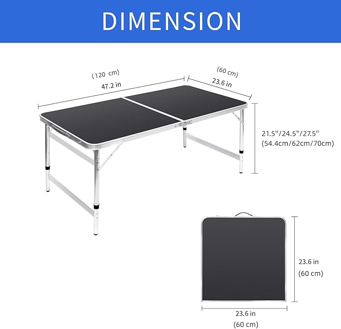 Folding Table Portable Picnic Table 4FT Camping Table Camp Table Black Aluminum Outdoor for Card BBQ 47×23.6×27/24/21 inch