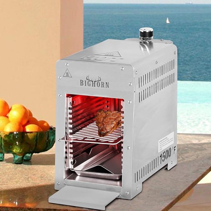 BIG HORN OUTDOORS Portable Infrared Broiler Propane Gas Grill, 1500 Degree Stainless Steel Tabletop Quick Cooking Steak Grill for Meat, Seafood, Veggies