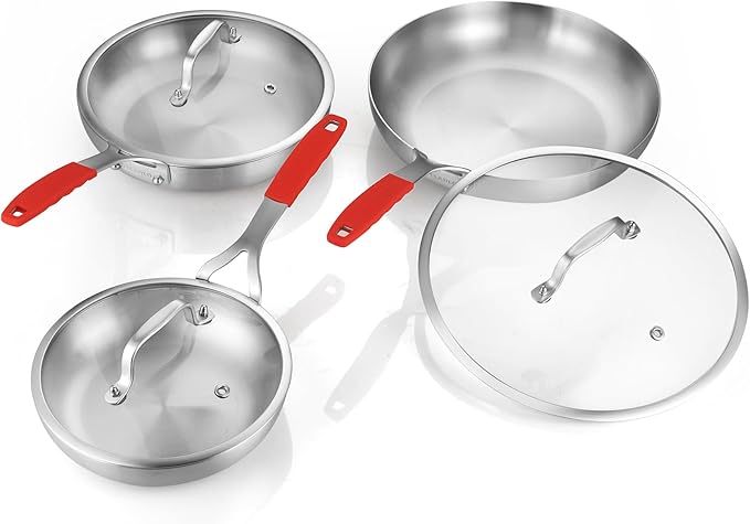 DELARLO Tri-ply Stainless Steel Frying Pan Set with Lid 8" 10" 12" large Skillets Induction Chef's Pan,Pots and Pans Set Kitchen Cookware Frying Pan Set Dishwasher and Oven Safe