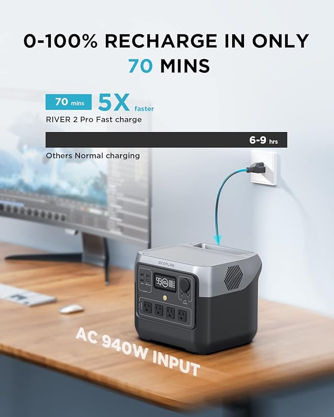 EF ECOFLOW Portable Power Station RIVER 2 Pro, 768Wh LiFePO4 Battery, 70 Min Fast Charging, 4X800W (X-Boost 1600W) AC Outlets, Solar Generator for Outdoor Camping/RVs/Home Use Black