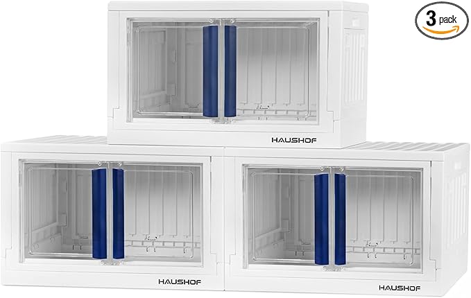 HAUSHOF Closet Organizers and Storage Bin, 3 Pack 22 Gal (88Qt) Plastic Stackable Storage Bins with Lids and Caster Wheel, Large Collapsible Folding Box, Blue and White