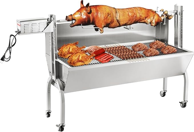 Rotisserie Grill Charcoal Spit Roaster, Stainless Steel 46" Pig Lamb Hooded Roaster Charcoal Spit with 30W Motor & Adjustable Height Lockable Casters for Party Barbecue, Rated 150 LB