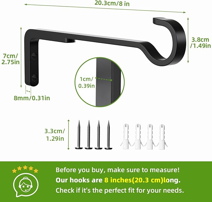 8 Inch 2 Pack Black Heavy Duty Outdoor Plant Hangers for Hanging Baskets, Iron Hanging Plant Brackets for Hanging Plants Outside, Metal Plant Hooks Plant Wall Hooks for Hanging Lantern, Bird Feeder