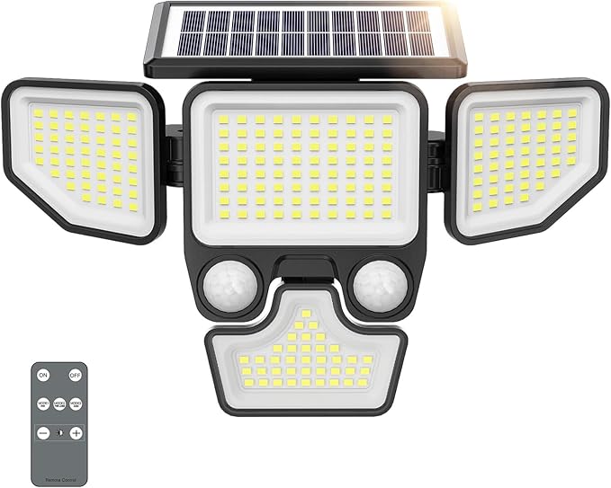 3000LM Solar Lights Outdoor, 4 Heads Solar Security Lights with Remote Control, IP65 Waterproof Motion Sensor Lights 3 Modes Flood Lights for Wall, Porch, Yard, Outside, 1 Pack