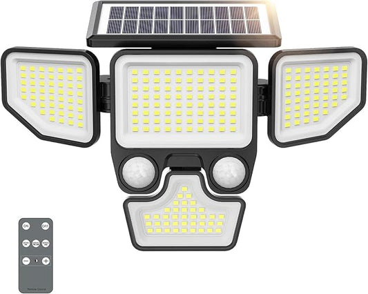 3000LM Solar Lights Outdoor, 4 Heads Solar Security Lights with Remote Control, IP65 Waterproof Motion Sensor Lights 3 Modes Flood Lights for Wall, Porch, Yard, Outside, 1 Pack