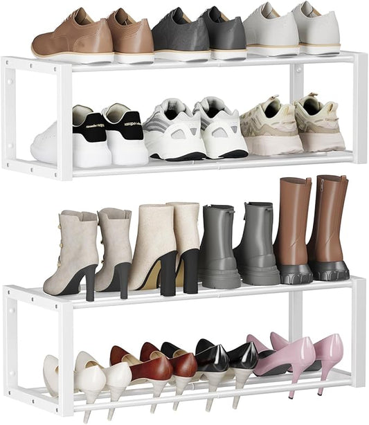 Homeiju Hanging Shoe Organizer,2 Pack Wall Mounted Shoe Rack Holds 12 Pairs,Space Saving Metal Wall Shoe Rack,Hanging Shoe Rack Shoe Holder for Small Space,Entryway,Closet,RV,Camper (White