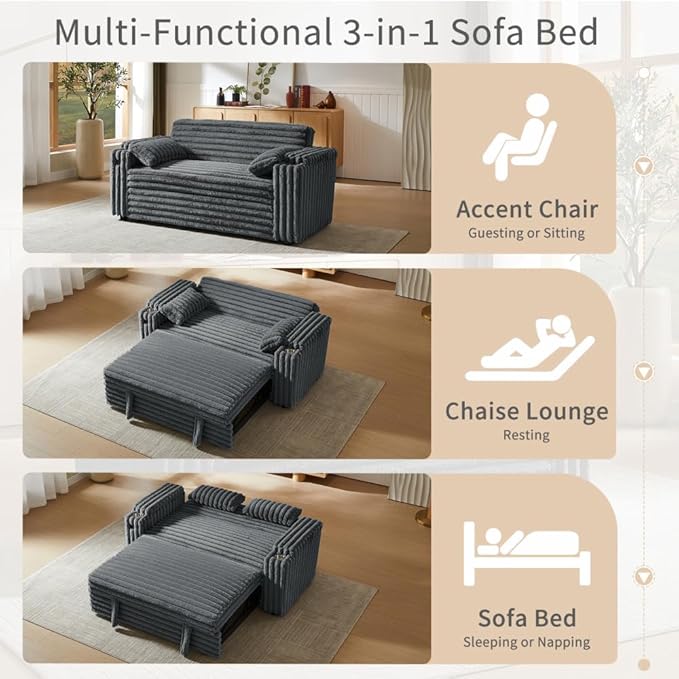 68" Corduroy Convertible Sofa Bed with USB, Storage Armrests & Pillows – 3-in-1 Foldable Sleeper Chair Floor Couch for Living Room, Bedroom, Guest Room (ZY-1109-Dark Gray)