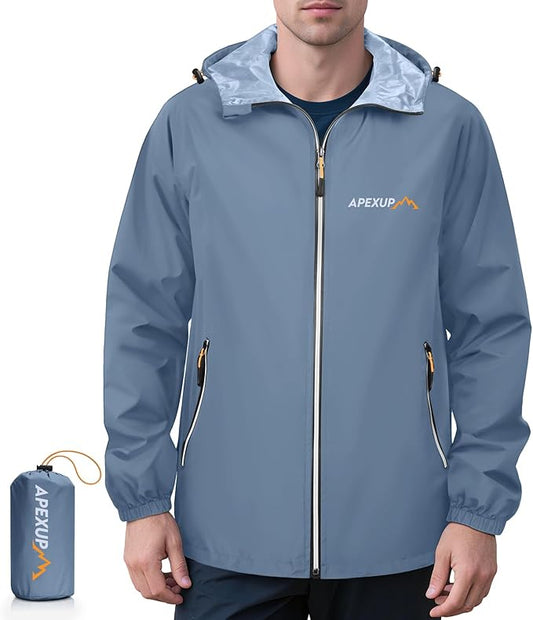 APEXUP Packable Rain Jacket Men with Reflective Zipper, Lightweight Waterproof Raincoat, Mens Rain Jacket for Outdoor Sports