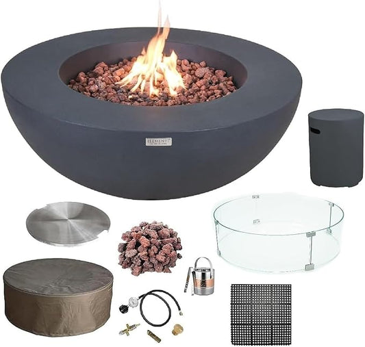 Elementi Lunar Bowl Cast Concrete Fire Table Bundle, Outdoor Fire Pit Fire Table Patio Furniture, Dark Gray (Liquid Propane Gas)