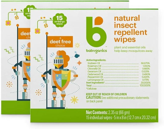Babyganics DEET Free Travel Size Insect Repellant Wipes | Natural Plant Based, 30 Wipes (2 Packs of 15)