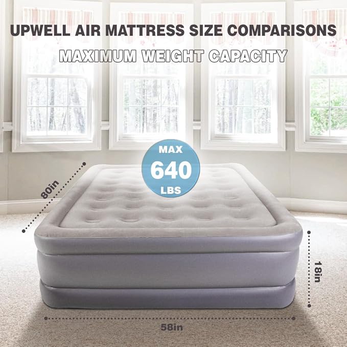 UPWELL Inflatable Air Mattress Queen with Built in Pump Comfort Blow up Bed Waterproof Fast&Easy Set up Dura Beam Strong Support Mattress for Home Guests & Camping Grey