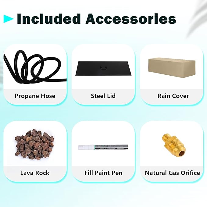 42" Rectangular Propane Fire Pit – 3-Piece 50,000 BTU Concrete Fire Pit with Glass Wind Guard and Tank Cover Table – Outdoor Firepits – Gas Fireplace for Deck or Patio