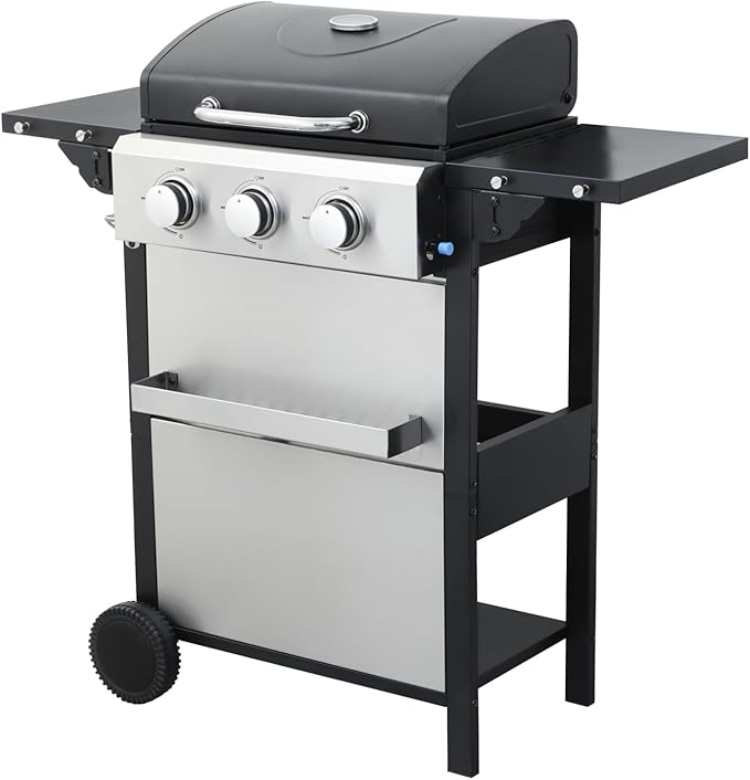 3-Burner Portable Propane Gas Grill with Stainless Steel Plancha Griddle - 25650 BTU Outdoor BBQ Grill with Foldable Side Shelves, Enamel Cooking Grids & Tool Hanging Basket