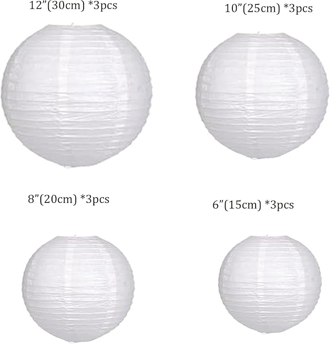 12Pcs White Paper Lanterns - Chinese Japanese Round Hanging Lamp for Wedding, Bridal, Outdoor, Garden, Home, Party Decorations (Size of 6", 8", 10", 12")