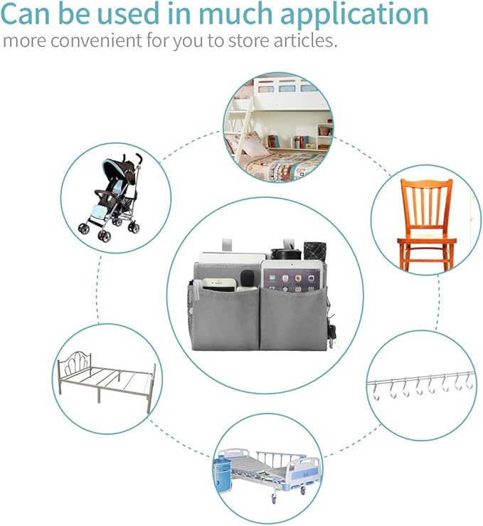 Bunk Bed Organizer, Bedside Caddy Hanging Bed Organizer Storage Bag with 4 Pockets and 2 Hooks, for College Dorm Rooms Bed, Hospital Bed, Baby Bed Rails, 600D Oxford Cloth (Gray)