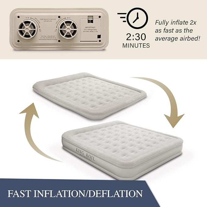 King Koil Luxury California King Air Mattress with Built-in Pump for Home, Camping & Guests - 16” King Size Inflatable Airbed Luxury Double High Adjustable Blow Up Mattress, Durable Waterproof