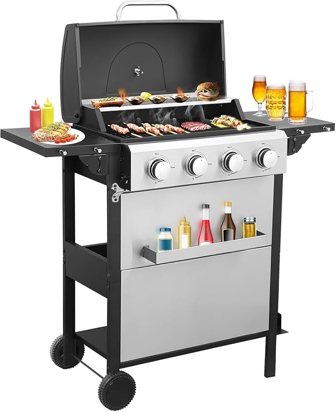4 Burner Propane Gas Grill with Spice Rack, Foldable Side Tables, Durable Lid, Stainless Steel Burners, Built-in Thermometer, 34,200 BTU Gas Grill for Patio, Garden BBQ