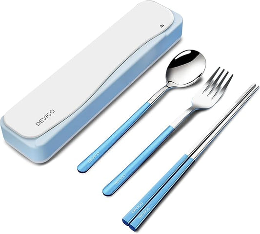 DEVICO Travel Utensils With Case, 18/8 Stainless Steel Camping Utensils, Reusable Portable Silverware Cutlery Set For Lunch Box, Include Fork Spoon Chopsticks