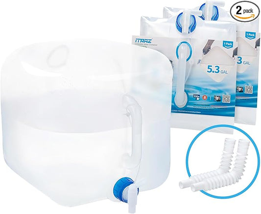 Collapsible Water Container with Spigot, 2×5.3 Gallon BPA Free Camping Water Storage Jug Carrier for Outdoors Hiking Backpack RV&Emergency, Survival Water Canteen-Portable Foldable Transparent