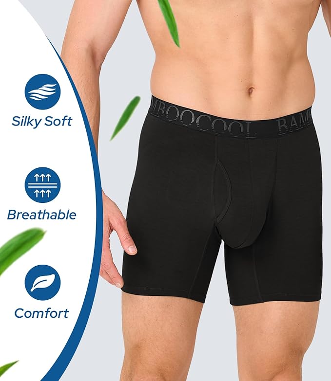 BAMBOO COOL Men's Underwear Boxer Briefs Fly with Built-in 3D Pouch Comfortable Cool Underwear for Men 4 Pack