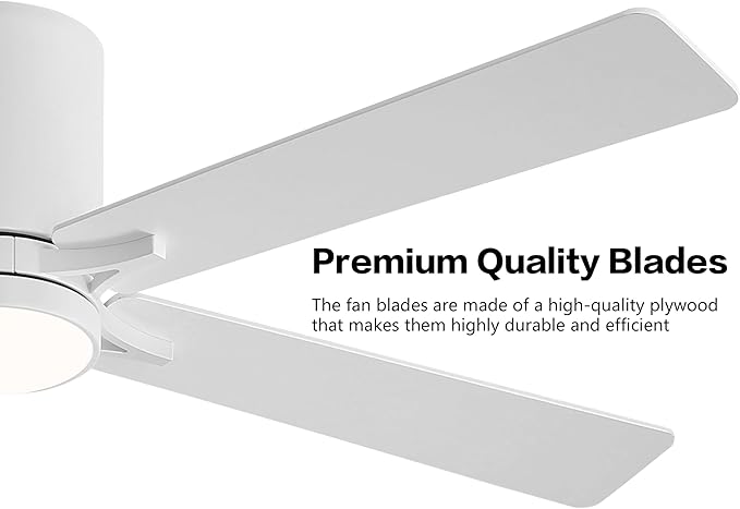 WINGBO 48" DC Flush Mount Ceiling Fan with Lights, 6-Speed Reversible DC Motor, 3CCT, Low Profile Hugger Ceiling Fan for Living Room Bedroom Kitchen, White Finish and White/Oak Blades