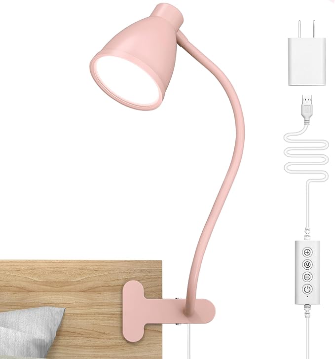 BOHON Cute Desk Lamp with Clamp 10W 38 LED Clip on Light, 5 Color 10 Brightness Auto Off Timer Flexible Gooseneck Pink Lamp Kawaii Accessories Desk Lights for Office Home Bed Bedside Reading, Pink