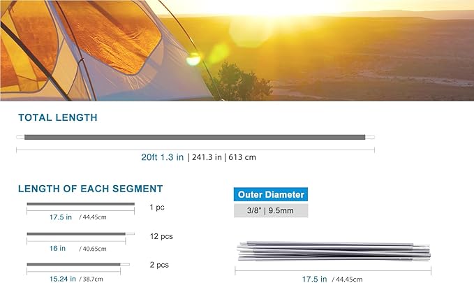 Preassembled Tent Poles Replacement, Gray 7001 T6 Heated Aluminum Tent Poles 1 Pole Pack