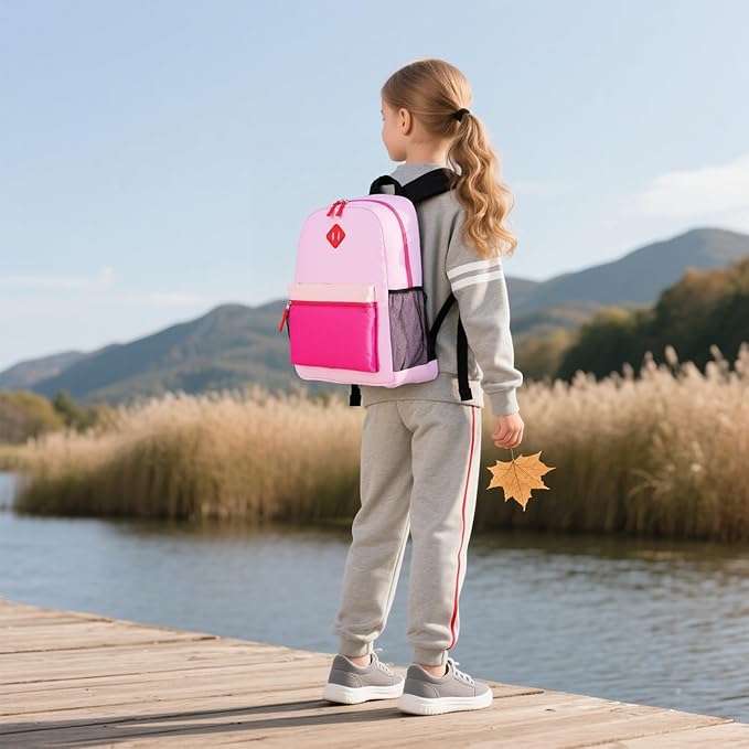 Kids Backpack Lunch Box Set Elementary School Backpacks 5-9 Years for Boys and Girls with Chest Buckle (Set Pink Purple, Large-17 H)