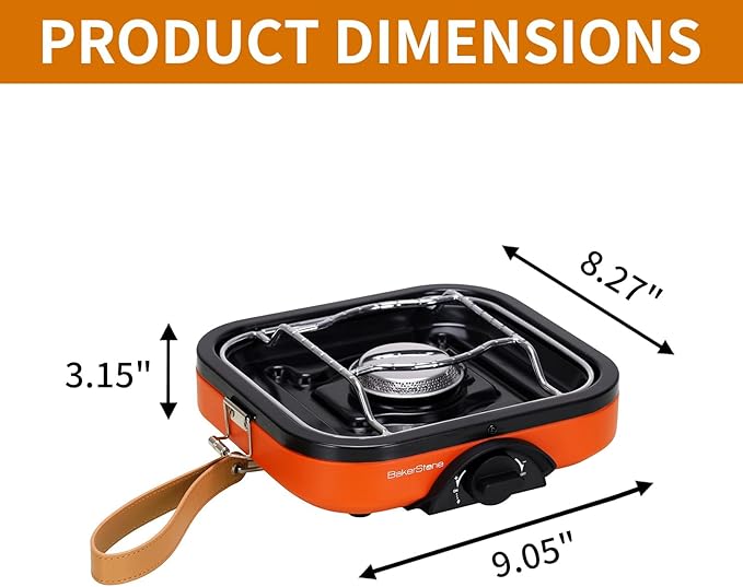 BakerStone Camping Stove, Outdoor Portable Propane Gas Stove with 8000 BTU, Single Burner Camp Stove with Cooking Grate, Wooden Tray, Inlet Gas Regulator and Pipe