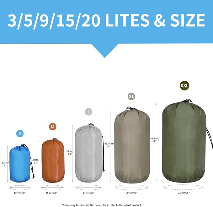 Small Drawstring Bags Stuff Sack Set 5-Pack,Colorful 3L/5L/9L/15L/20L Ultralight Ditty Bags with Dirty Flap for Camping,Hiking,Travelling or Laundry (Blue&Golden&Grey&Yellow&Green)