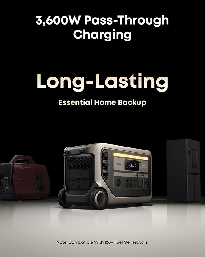 Anker SOLIX F3000 Portable Power Station with Home Backup Kit, 3,072Wh, 6,000W Recharging, Generator for Home Use, Expandable to 24kWh, Works with Generator, For Outages, Camping, RVs, and Emergencies