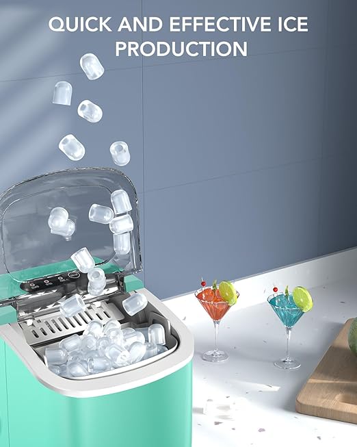 Ice Maker Countertop, Efficient Easy Carry Ice Machine, Self-Cleaning Ice Maker with Ice Scoop & Basket, 9pcs/ 8mins 26.6Lbs Per Day for Home/Office/Kitchen,Green