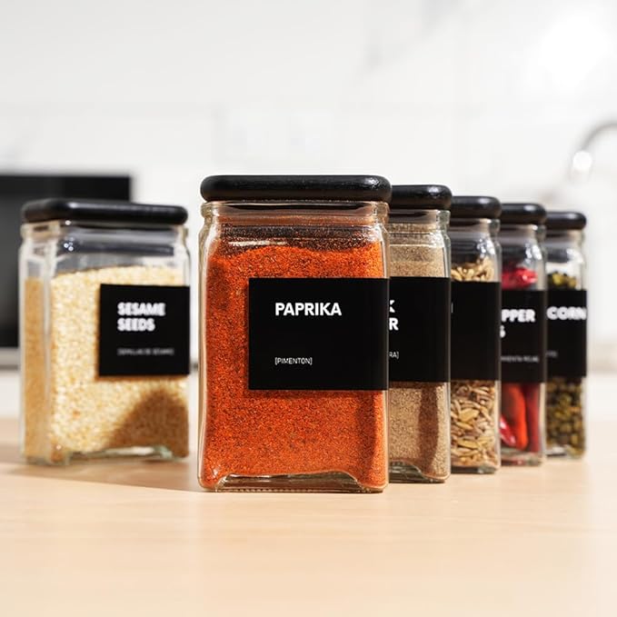 Glass Square Spice Jars with Labels, 4oz Glass Jars with Bamboo Lids, Spice Bottles, Seasoning Organizer, 12 Pack (Black)