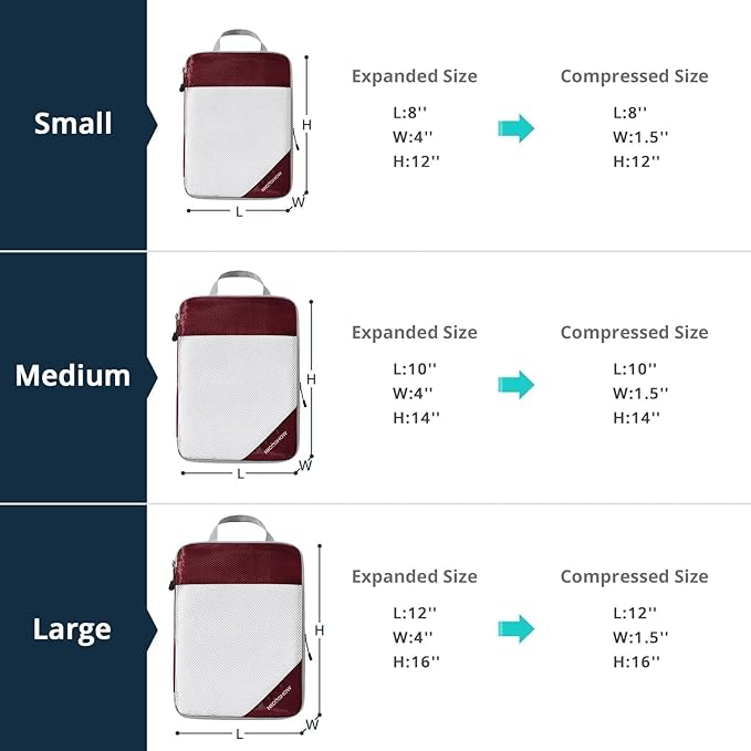 6 Set Compression Packing Cubes for Travel - Compressible, Lightweight, and Space-Saving Packing Cubes, Travel Essentials for Women, Wine