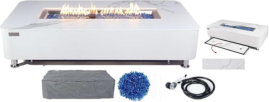 Elementi+ | Athens Gas Fire Pit | Cast Concrete Body & Marble Porcelain Top | 62" Rectangular Fire Table | Electronic Ignition | Canvas Cover, Fire Glass & Burner Lid Included | White | Propane Gas