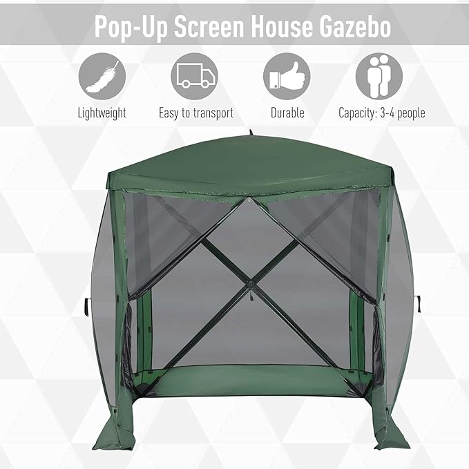 Outsunny Pop Up Camping Canopy Gazebo Screen Shelter Tent with Single Person Easy Set-Up, Ventilating Mesh, Portable Carry Bag for Outdoor Camping Party Event, 7x7FT, Green