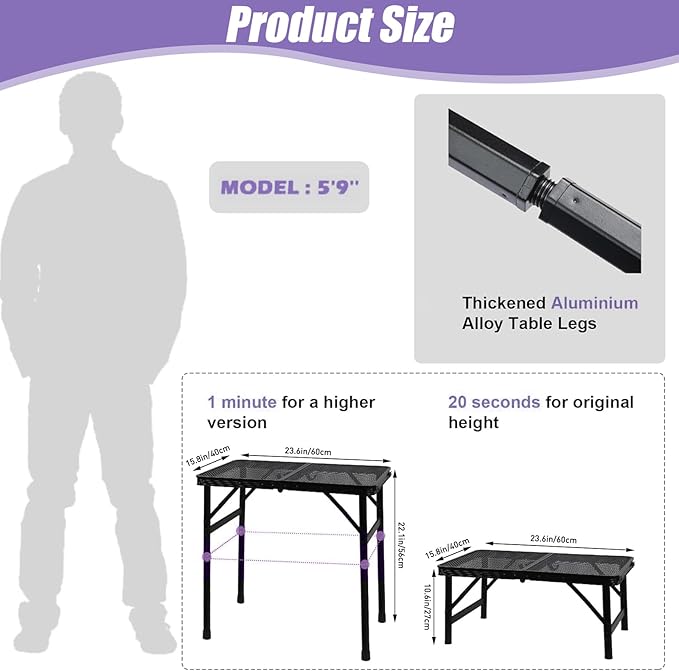 BRIAN & DANY Camping Table Folding Grill Table, Small Foldable Table Height Adjustable, Portable Metal Picnic Table for Outdoor, Black, 2x1.3FT