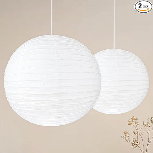 2PCS 20Inch Paper Lantern Lights, White Round Rice Paper Lamp Shades, Chinese/Japanese Paper Lantern Pendant Light for Party Decoration, Wedding, Home Decor