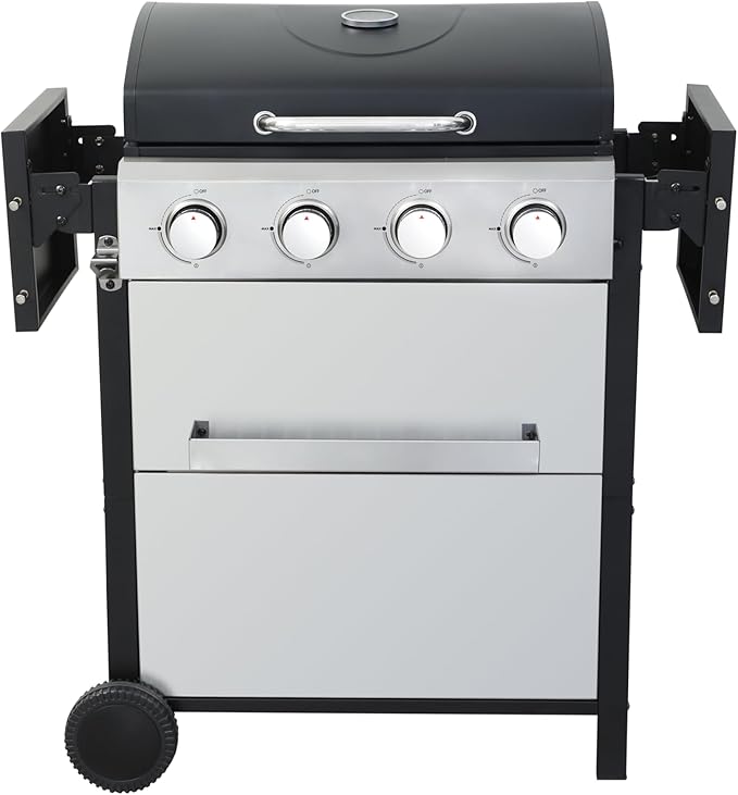 4-Burner Propane Gas BBQ Grill, 34,200 BTU Output With Wire Enamel Cooking Grids For Outdoor Barbecue, Stainless Steel Foldable Side Table, Hanging Basket,Black Silver